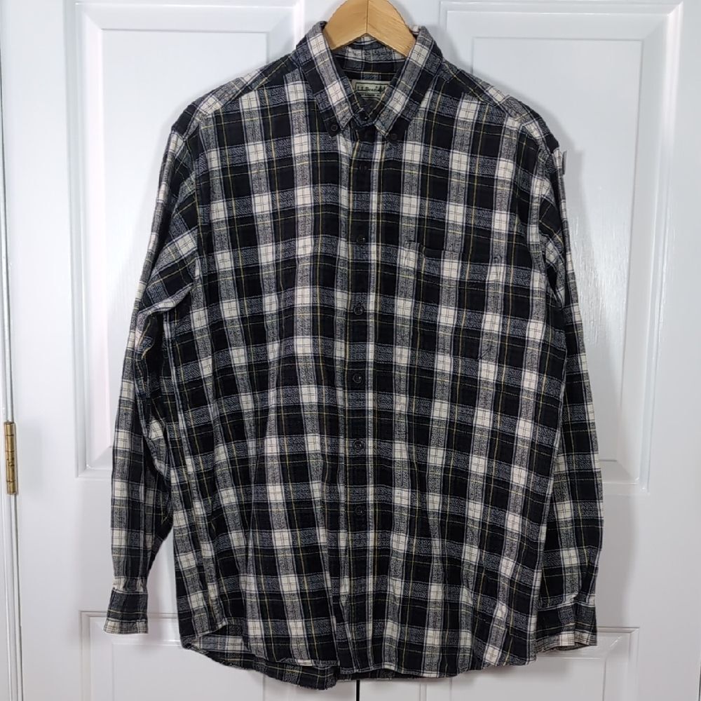 Vintage LL Bean Plaid Flannel Shirt Mens Large Blue White Heavyweight Button Up